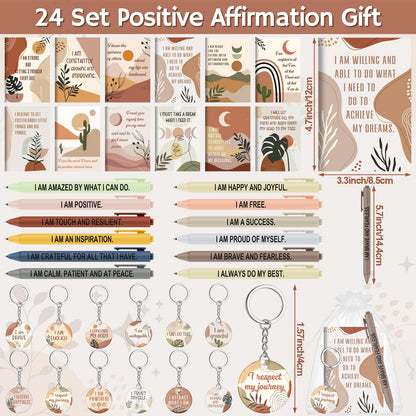 Mooliwe 72 Pcs/24 Set Positive Affirmation Gift Set Gratitude Notebooks with Pens Acrylic Keychains Small Bags Motivational Notepads for Women Coworkers Christmas Adults Party Favors (Boho)