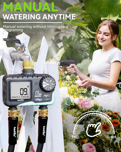 RAINPOINT 2 Zone Sprinkler Timer with Brass Inlet and Outlet - Water Timer for Garden Hose with Rain Delay/Manual Watering/Automatic Irrigation Controller System for Yard Lawn Garden(Blue)