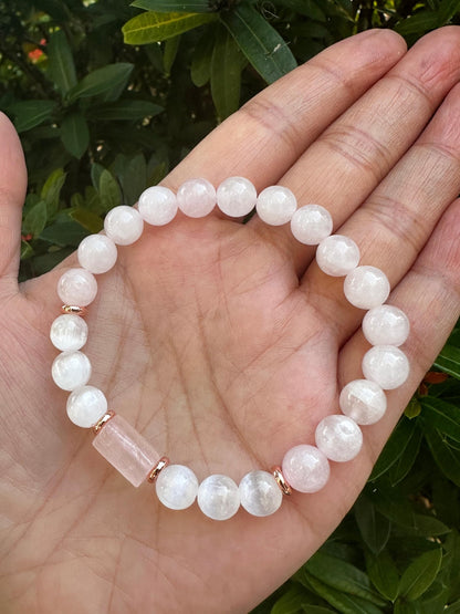 GAF TREASURES Rose Quartz and Selenite Crystal Bead Bracelet 8mm, Genuine Rose Quartz Cylinder with Copper Discs Stretch Gemstone Bracelet, Healing Crystal Bracelet, Gift for Men & Women (1)