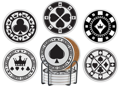 Onebttl Poker Gifts, Funny Casino Gifts for Poker Lovers, Poker Gifts for Men, 6pcs Pack Bar Coasters, Ceramic, Absorbent with Cork Base