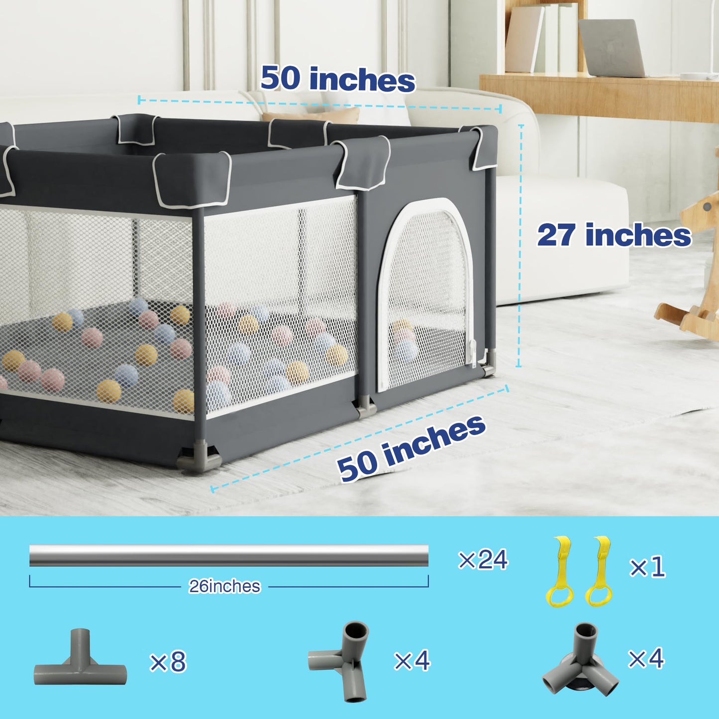 Grobeybees Baby Playpen with Mat, Playpen for Babies and Toddlers, Large Baby Play Pen with Pad, Playard with Bag, Indoor & Outdoor Play Pen, Sturdy Safety Play Yard with Soft Breathable Mesh (Grey)