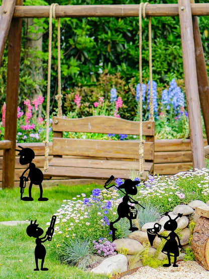 Ruelen 4 Piece Metal Ant Garden Decorative Stakes - Black Working Farm Yard Art Decor. Outdoor Art for Pathway & Lawn Patio Backyard Decoration Set