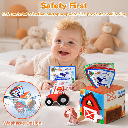 MPQMPQ Baby Tissue Box Toy Farm Crink Plush,Whats Inside Box Montessori Toys with Rattle,Crinkle,Mirror for Babies 6 9 12 18 Months Early Developmental Infant Sensory Learning Toys Newborn Gifts