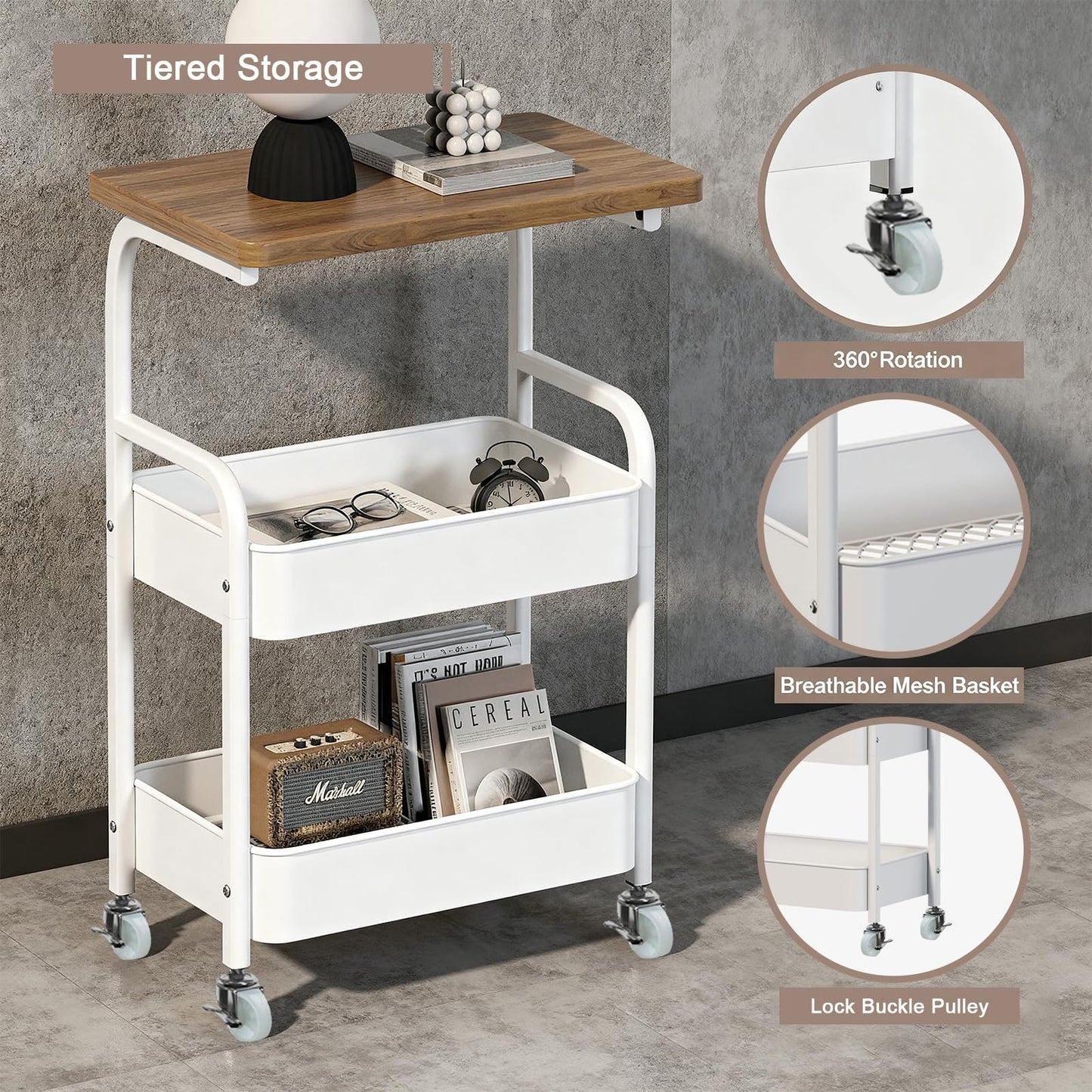 ULIKEUS Rolling Cart with Wooden Tabletop 3-Tier Metal Utility Rolling Cart Storage Organizer with Lockable Wheels for Kitchen, Office, Bedroom
