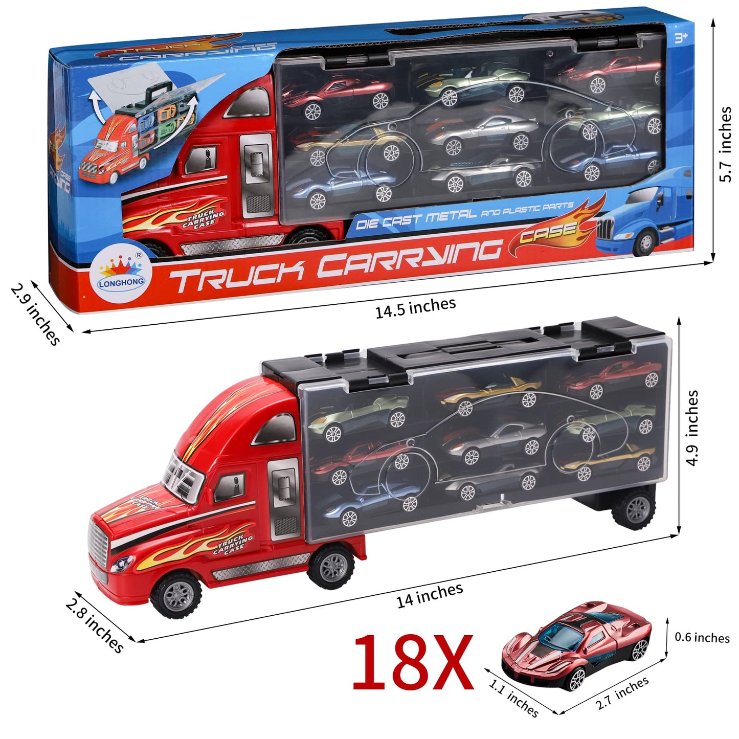 BoomCaCa Toy Truck Transport Car Carrier - 18 Sport Cars in Truck Toys, Toys for Boys and Girls Age 3-10 yrs Old, Ideal Party Christmas Birthday Gift for Kids