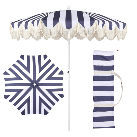 JONATHAN Y UMB1003N Mariner 6.5 ft. Cottage Fringe Tassel Market Beach Umbrella with Push Button Tilt, Wind Vent and UV Protection, and Matching Carry Bag in Navy and White Stripe/Cream, White Pole
