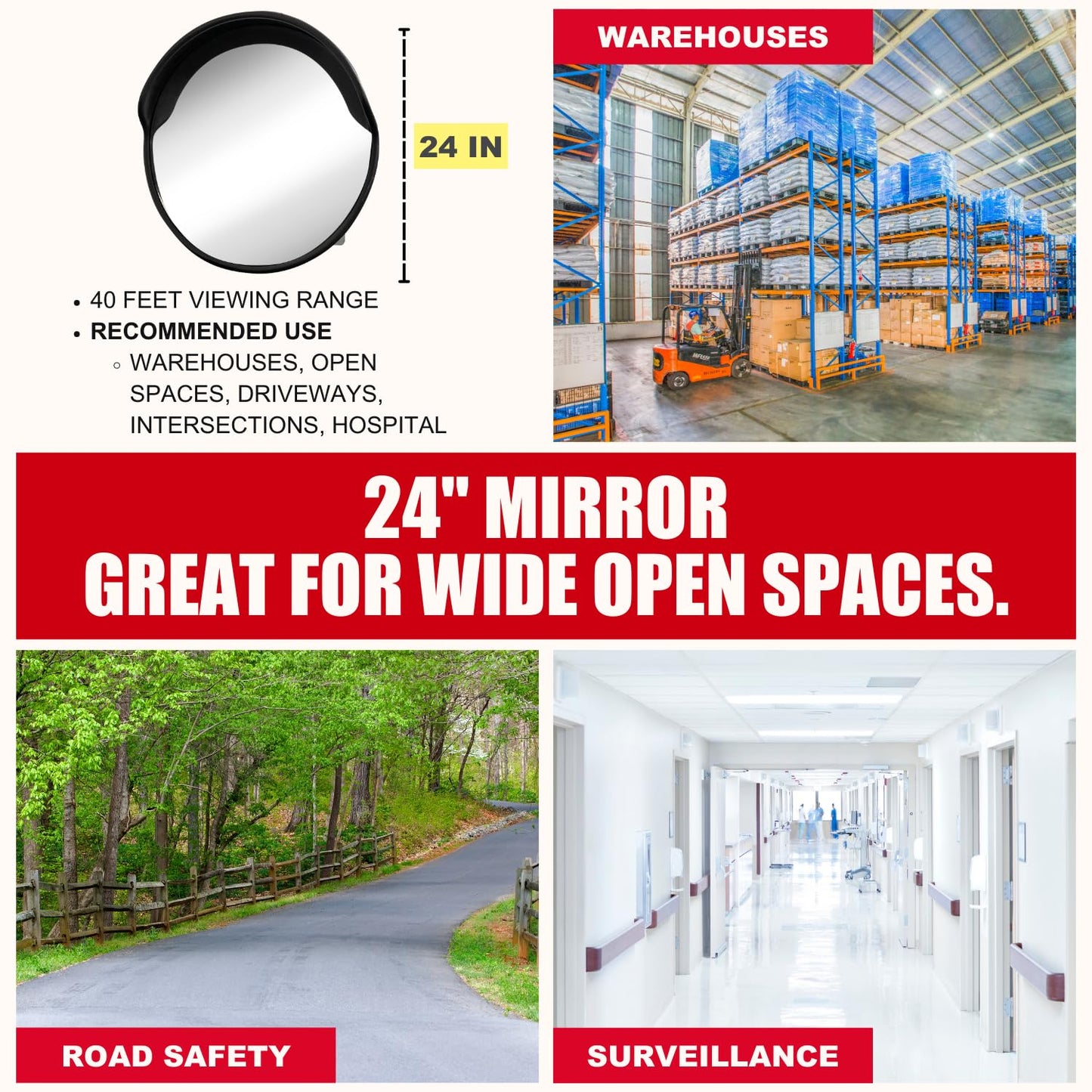 SecurityMan Large 24 Inch Convex Mirror for Blind Spots - Shatterproof Polycarbonate, 180° Wide View for Driveways, Intersections, Warehouses, Roads, and Large Areas - Indoor & Outdoor Security Mirror