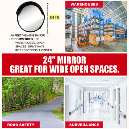 SecurityMan Large 24 Inch Convex Mirror for Blind Spots - Shatterproof Polycarbonate, 180° Wide View for Driveways, Intersections, Warehouses, Roads, and Large Areas - Indoor & Outdoor Security Mirror