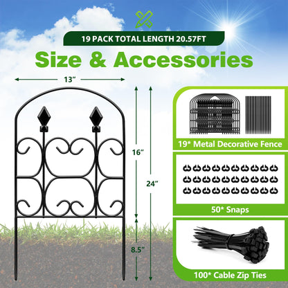QIAOKAIYAN 19 Pack Decorative Garden Fence Panels – 24in(H) x 20.57ft(L) Black Metal Fence with Floral No Dig Animal Barrier Fence Rustproof Garden Edging for Yard Patio Dog Outdoor Decor Flower Bed