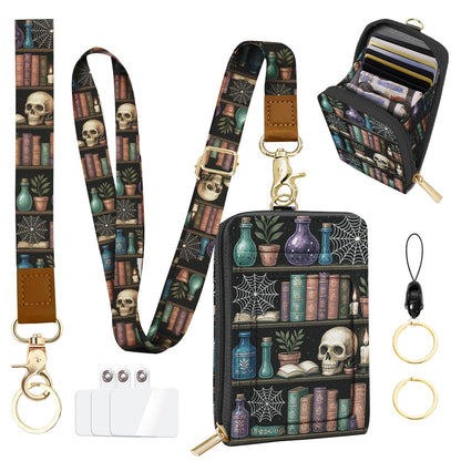 QRZIQRZ Lanyards Wallet & ID Badge Holder,Skull Bookshelf ID Case with Zipper,RFID Credit Card Holder for Women,Detachable Neck Lanyard Wrist Strap with Keychain Phone Holder for Teacher Nurse Gifts
