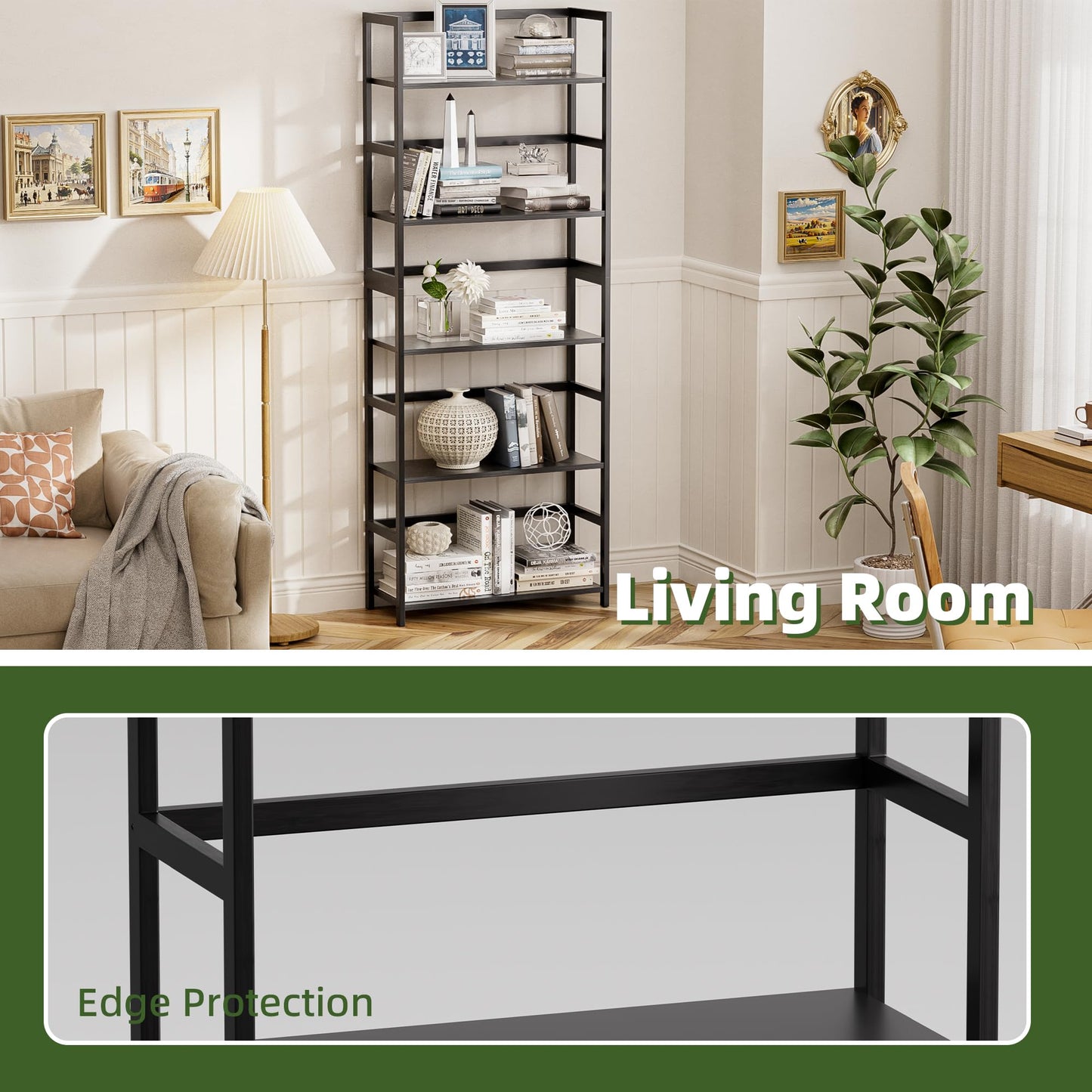 vovala 5-Tier Bamboo Wood Ladder Bookshelf, Tall Display Storage Shelf, Large Bookcase Modern Industrial Stand Organizer for Home, Office, Living Room, Kitchen, Bedroom, Black