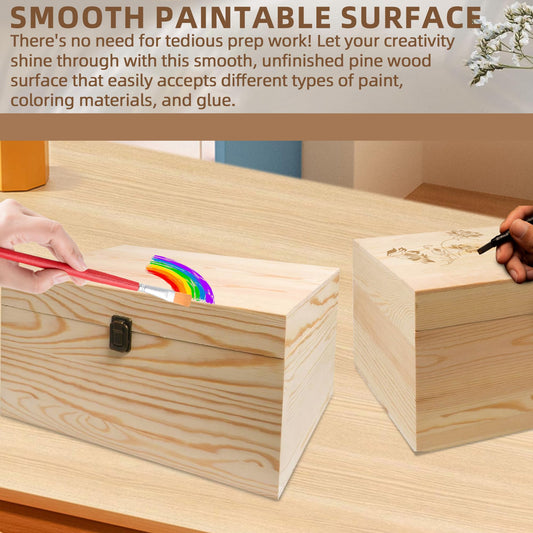 VIKOS Products 13.8x9.9x6.7-Inch/ 3.33-Gal. X-Large Unfinished Wooden Box for DIY Crafts & Storage with Hinges & Retro Front Clasps - Natural Pine - Smooth Paintable Surface