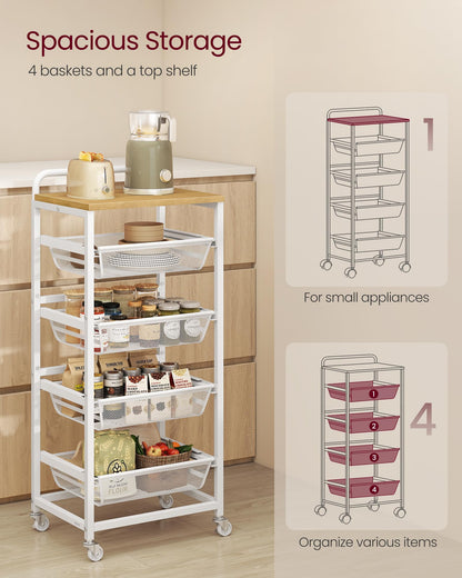 VASAGLE Storage Rolling Cart with Pull-Out Baskets, 5-Tier Utility Cart Orgnizer with Wheels for Laundry Room, Kitchen, Handle, 12.5 x 15.8 x 37.4 Inches, Golden Oak and Matte White ULRC041YA01