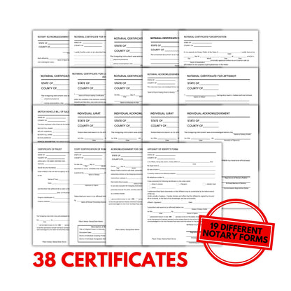 Notary Certificate Bundle 19 Different 8.5x11” Starter Legal Documents for Professionals to Notarize Notarial Legal Bill of Sale Jurat Affidavit POA