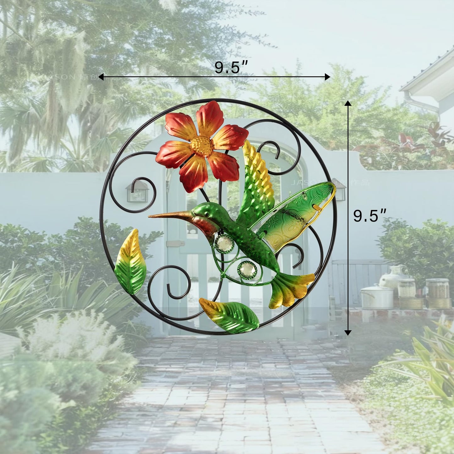Jusimux Round Flower Wall Art Decor, 2 Pack, Metal and Glass, 9.5 Inch, Outdoor Hanging Decor for Patio, Bedroom, Garden (Hummingbird)