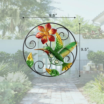Jusimux Round Flower Wall Art Decor, 2 Pack, Metal and Glass, 9.5 Inch, Outdoor Hanging Decor for Patio, Bedroom, Garden (Hummingbird)