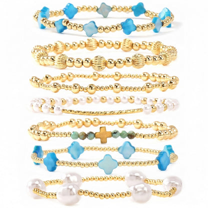 SHINUS BOHO 14K Gold Beaded Blue Clover Stackable Bracelets for Women,7PCS/Set Boho Cross Pearl Beads Stretch Bracelets Stack Fashion Holiday Birthday Prom Jewelry Accessories Gift Friendship Sister