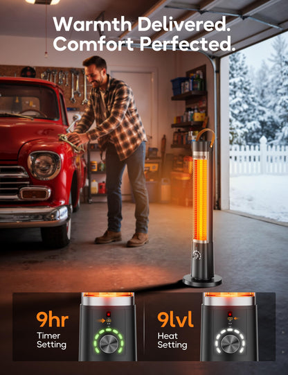 Slkdrft Outdoor Heater for Patio w/Remote, 1500W, 60° Oscillation, 9H Timer, 9 Heat Level, Tip-Over/Overheating Protection, Safety Lock, for Garage Porch Office Black