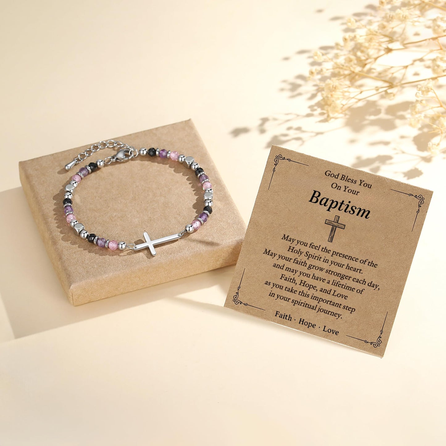 Baptism Gifts for Girl, Christian Cross Bracelet for Girls Faith Jewelry, Dainty Adjustable Crystal Bracelet for Baptism Easter Basket First Communion Confirmation, Anxiety Relief Jewelry