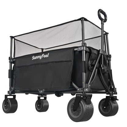 SUNNYFEEL Extra Large Folding Wagon 300L - 500LBS Heavy Duty Beach Wagon Cart with Big All-Terrain Wheels, Stable Frame, Adjustable Handle for Camping, Groceries, Shopping (Black, Tall Version)