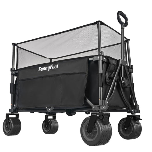 SUNNYFEEL Extra Large Folding Wagon 300L - 500LBS Heavy Duty Beach Wagon Cart with Big All-Terrain Wheels, Stable Frame, Adjustable Handle for Camping, Groceries, Shopping (Black, Tall Version)