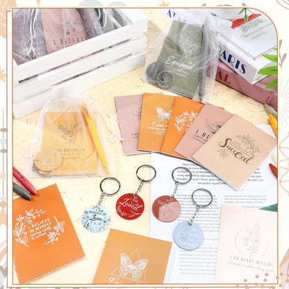 Mooliwe 24 Set Positive Affirmation Gift Set Gratitude Notebooks with Pens Acrylic Keychains Small Bags Motivational Notepads for Women Coworkers Christmas Adults Party Favors (Vibrant)