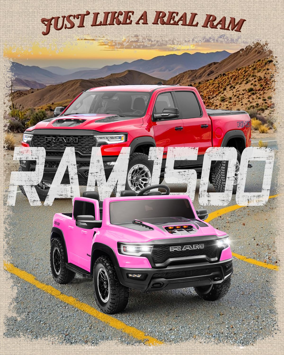 First Ride On 24V Ride On Toys for Big Kids, RAM 1500 2 Seater Ride on Car w/Remote, Battery Powered Truck w/ 4 Wheels Suspension, Toddler Car w/Bluetooth, LED Lights, Trunk