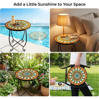 Kaesithar Set of 2 Mosaic Outdoor Side Tables Round, 15 Inch Height - Small Patio Table Set, Foldable Sun Pattern Metal Plant Stands for Garden, Balcony & Yard (Mosaic Sun, 2 Pack)