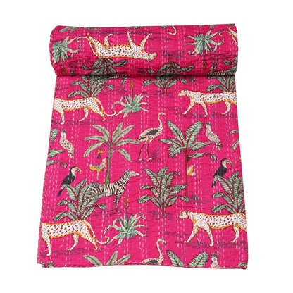 Marubhumi Quilts Indian Handmade Indian Traditional Blankets, Reversible, Jungle Print Vintage Kantha Quilt, Comforter, Hot Pink - Queen 90 x 108 Inches
