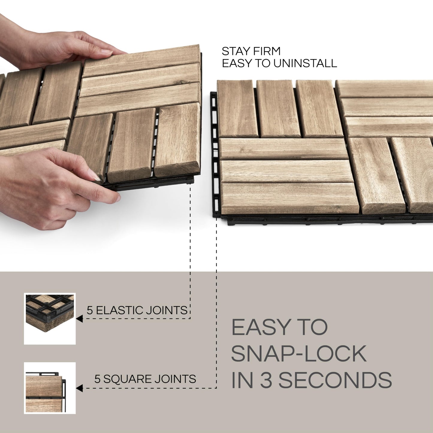 THYOI Premium Deck Tiles, Patio Flooring - Outdoor Waterproof Acacia Wood Tiles for All Weather Use - Balcony, Backyard, Indoor & Outdoor (Square Ft) (10, White, 12S)