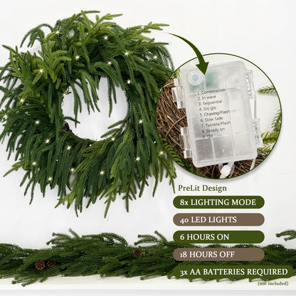 TOKCARE Norfolk Pine Wreaths for Front Door, 26Inch Real Touch Prelit Christmas Wreath with Lights 40 LED Green Faux Pine Wreath for Wall Windows Mantle Outdoor Christmas Decoration