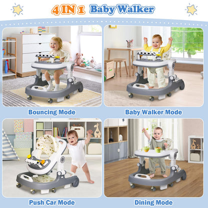 Baby Walker with Wheels, 4 in 1 Foldable Baby Walkers for Boys Girls 6-18 Months, 3 Level Height Adjustment with Bouncing, Feeding Tray & Music, Baby Walker with Activity Center, Toddler Push Walker
