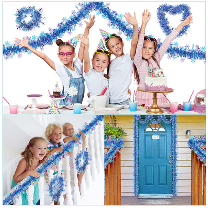 Blosssound 26 Feet Blue Purple Snowflakes Tinsel Garland Glitter Metallic Tinsel Twist Banner Shiny Iridescent Garland for Indoor Outdoor Ceiling Wall Christmas Tree Birthday Party Decorations