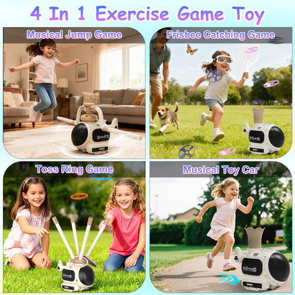 WhimsQuest Missfly 4-in-1 Kids Outdoor Game Toy, Auto Disc Launcher, Jump Dodge & Ring Toss, Interactive Sports Play for Boys & Girls (White)