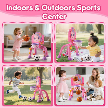 JMMICO Toddler Basketball Hoop & Soccer Goal Activity Center, Interactive Toys with Light Music,Unicorn Toddlers Musical Toys Gift, Baby Birthday Easter Gifts Gift for 1 2 3 Year Old Boys Girls
