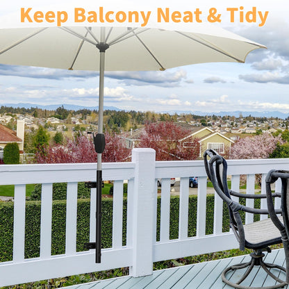 Heavy-Duty Patio Umbrella Holder for Deck Railing - Stainless Steel Windproof Outdoor Patio Umbrella Base and Mount Brackets Attachable to Railing, Fits Pole ≤1.6'' & Post <3.3" - Space Saving, Black