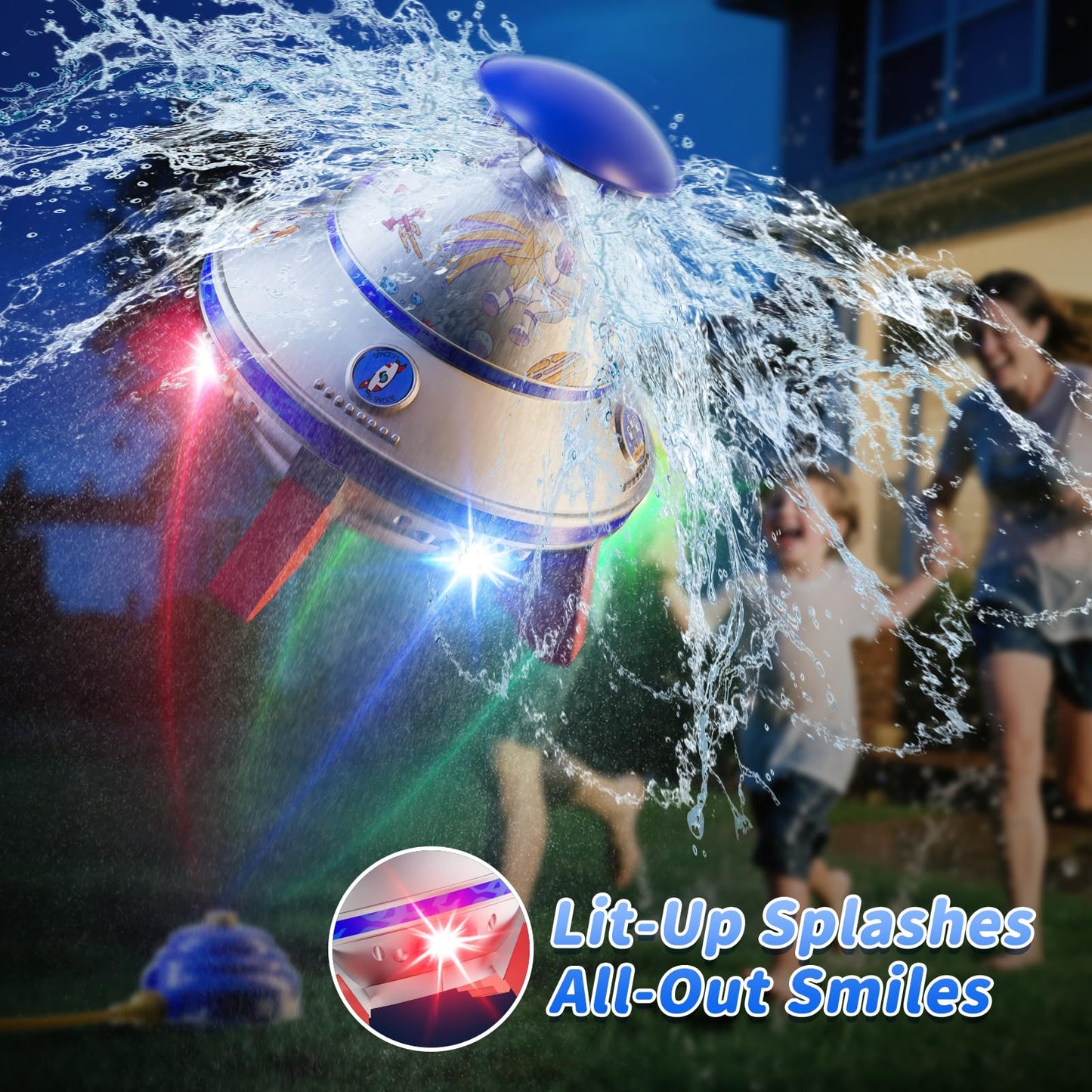 JOI MEW UFO Water Sprinkler for Kids, Water Rocket Toy Outdoor Summer Play W/Light & Spin, Adjustable Height Water Launcher, DIY Space Sticker, Backyard Lawn Gift for Girls Boys 3-12 Year Old Blue
