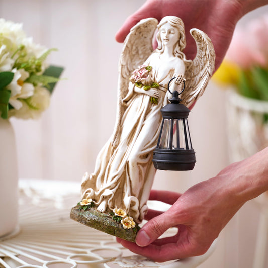 TERESA'S COLLECTIONS Angel Garden Statues with Warm Solar Light for Outdoor Decor, Resin Figurines Holding Solar Lantern for Outside, Lawn Ornament for Yard Patio Hallway, Gifts for Mom Women, 10"