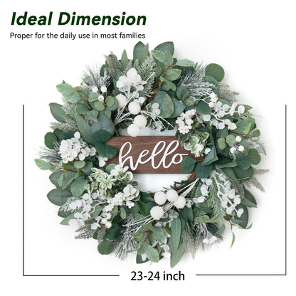 Winter Wreaths Front Door, Soomeir 24 Inch Winter Door Wreath with Snow Leaves, Pines Needles and Hello Wooden Sign for Home Window Mantle Indoor Outdoor Decor