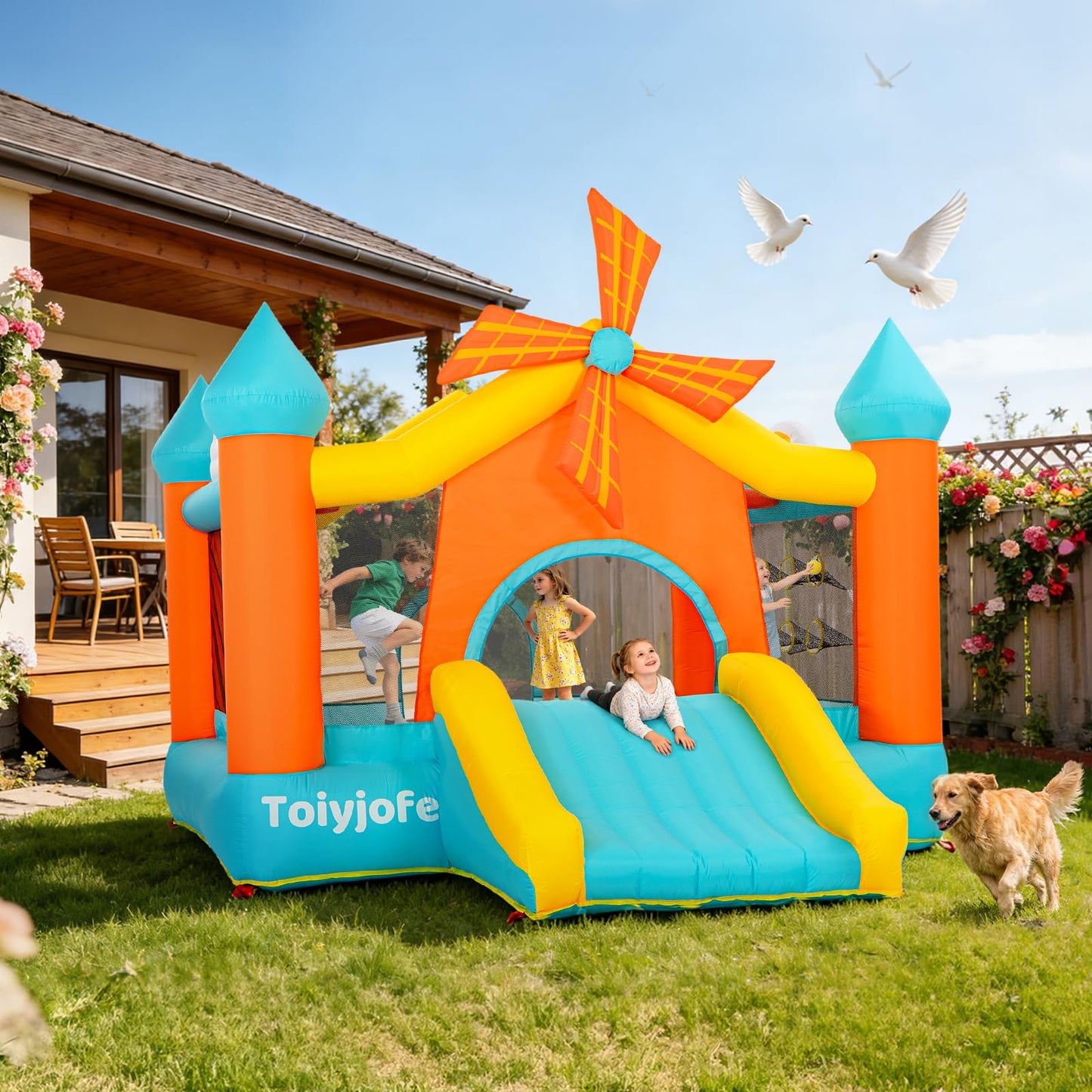 Bounce House for Big Kids 5-10, Large 12.5 × 10FT Windmill Inflatable Bouncy Castle, with Slide & Dual Basketball Hoops & Spacious Jump Area, Outdoor Backyard Birthday Party, with 550W Blower