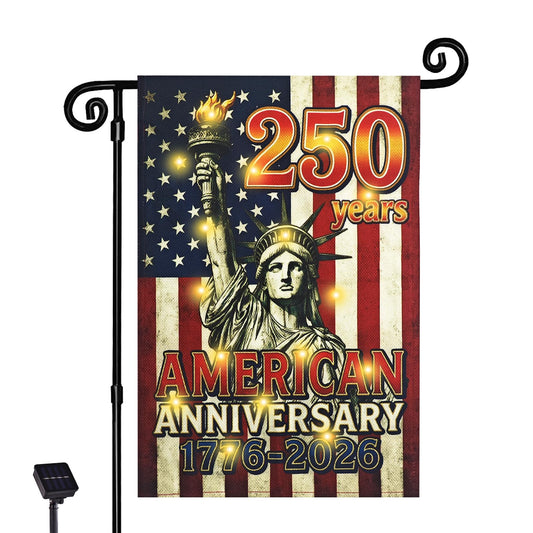 FLAGMESAGE Lighted 250th Anniversary USA Garden Flag for Outside, Solar Led Double-sided Patriotic Banner with 1776-2026 250 Years of American Freedom Design for Independence Day, July 4th Decor (LED Statue of Liberty, 12 x 18 Inch)