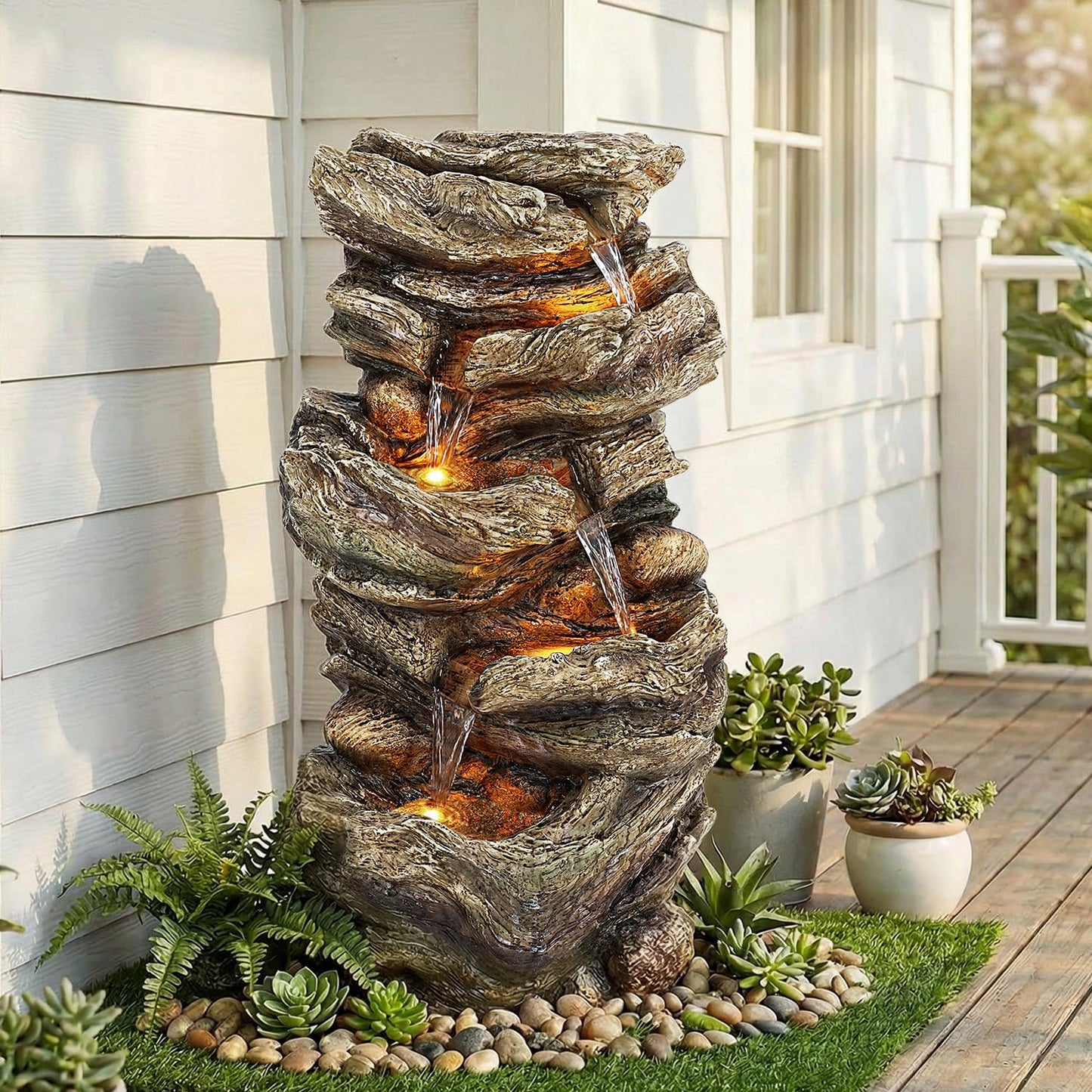 Jocoevol 32" High Outdoor Water Fountain, 5-Tiers Cascading Rock Waterfall Fountain with LED Lights for Garden, Patio, Yard Decor, Soothing Tranquility for Any Outdoor Living Space