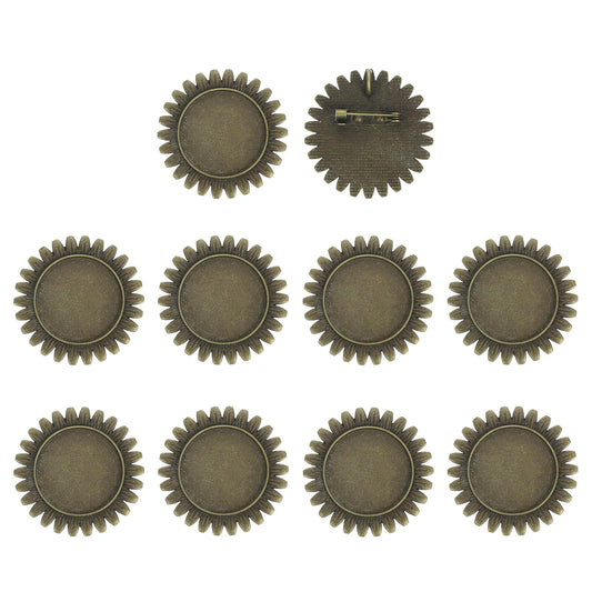 MECCANIXITY 10 Pcs Cabochon Brooch, 25mm Alloy Findings Trays Round Pins, Vintage Setting Brooch Pins for Diy Jewelry Making Pendants Photo Craft, Sunflower Style, Bronze