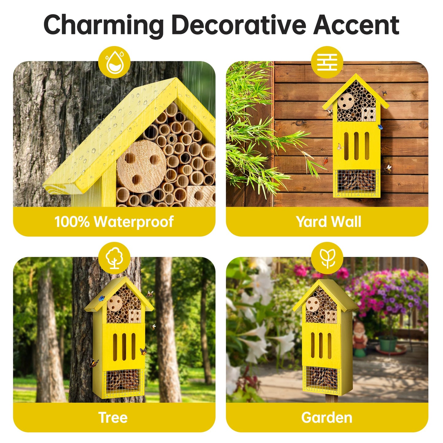 Bee House Bug Hotel & Butterfly House, Handcrafted Wooden Ladybug House, Natural Insect Habitat for Garden, Patio, or Yard, Durable Pine Wood, Attracts Pollinators, 10.4 x 5.5 x 3.2 Inches