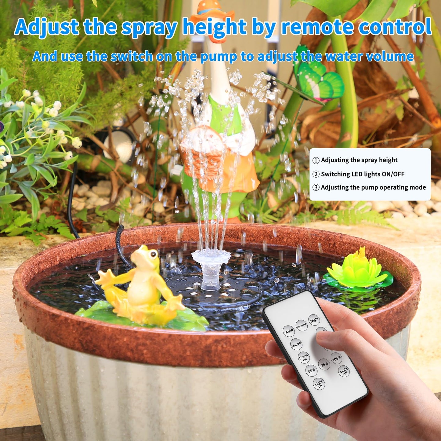 AISITIN 14W Rechargeable Solar Fountain with 4400mAh Battery, LED Colorful Lights, Remote Control & Superior Solar Glass Panels, DIY Solar Powered Water Fountain Pump for Bird Bath, Pond