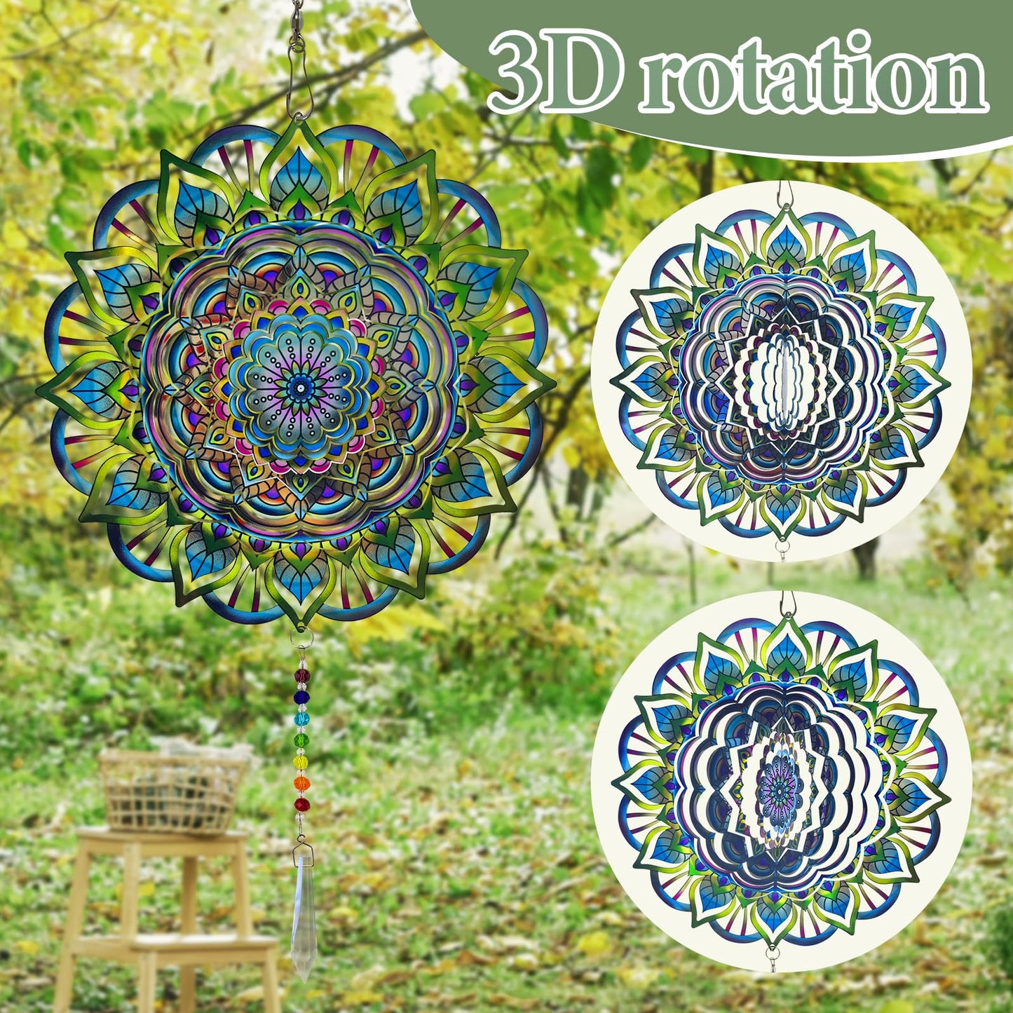 Mandala Wind Spinners Outdoor with Gazing Ball Spiral Tail, Marzovitra Stainless Steel 3D Kinetic 10 Inch Garden Decor for Patio, Home or Yard Decorations Outdoor Hanging Yard Art Metal Wind Sculpture