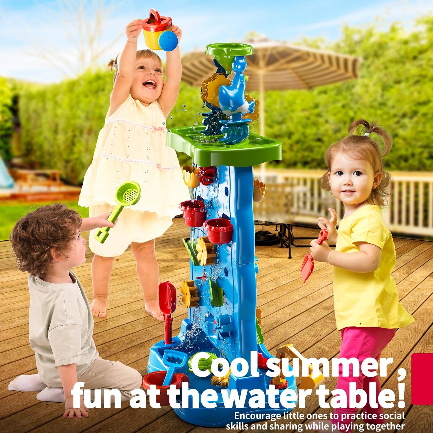 Water Table for Toddlers 1-3 Kids Ages 4-8, Double-Sided Waterfall Discovery Wall with Rich Activity Set, Summer Kids Outdoor Beach Sand Water Play Table Toys, Birthday Gifts for Boys Girls 18M+