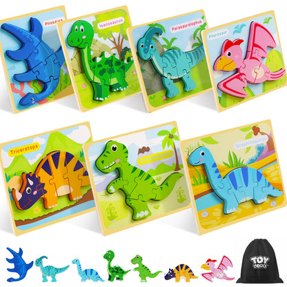 TOY Life Toddler Puzzles Ages 2-4, Wooden Puzzles for Toddlers 1-3, 7 Pcs Dinosaur Puzzle 2 Year Old, Puzzles for Kids Ages 3-5, Toddler Boy Toys 2-3, Educational Learning Toys for 3 Year Old