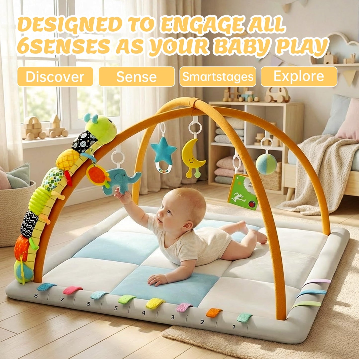 Kidmoze Baby Gym, with 5 Detachable Toys and Baby Sensory Toy Play Gym, Promote Motor Skills & Sensory Development Mat, Newborn Infant Baby Essentials Gift.