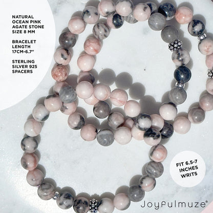 Joyfulmuze Zebra Jasper, Stretch Bracelets Natural Genuine Pink and Black Gemstones, Handmade Gift for Women and Men (Ocean-Pink-Black-Agate)